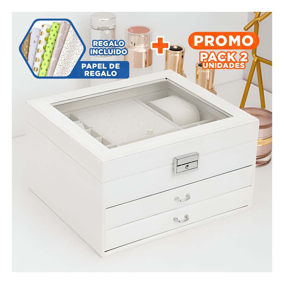 PACK2 CONTENEDOR PORTATIL BLANCO PARA JOYERO 3 NIVELES LIGERO Y PRACTICO Y+PAPEL REGALO - 1
