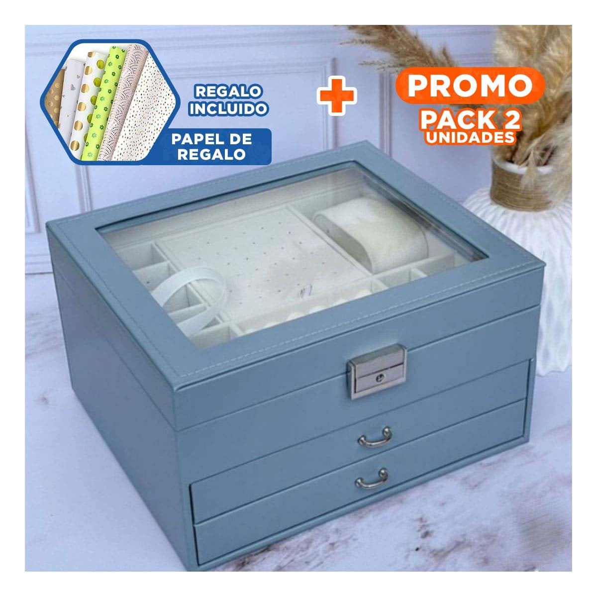 PACK2 CONTENEDOR PORTATIL CELESTE ACERO PARA JOYERO 3 NIVELES COMODO Y+PAPEL REGALO - 1