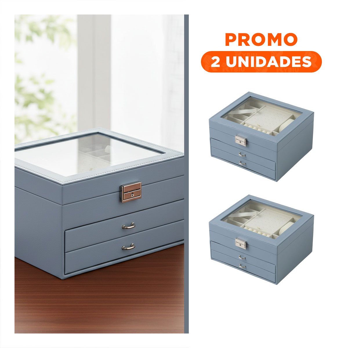 PACK2 CONTENEDOR COMPACTO CELESTE ACERO PARA JOYERO 3 NIVELES FACIL DE USAR - 1