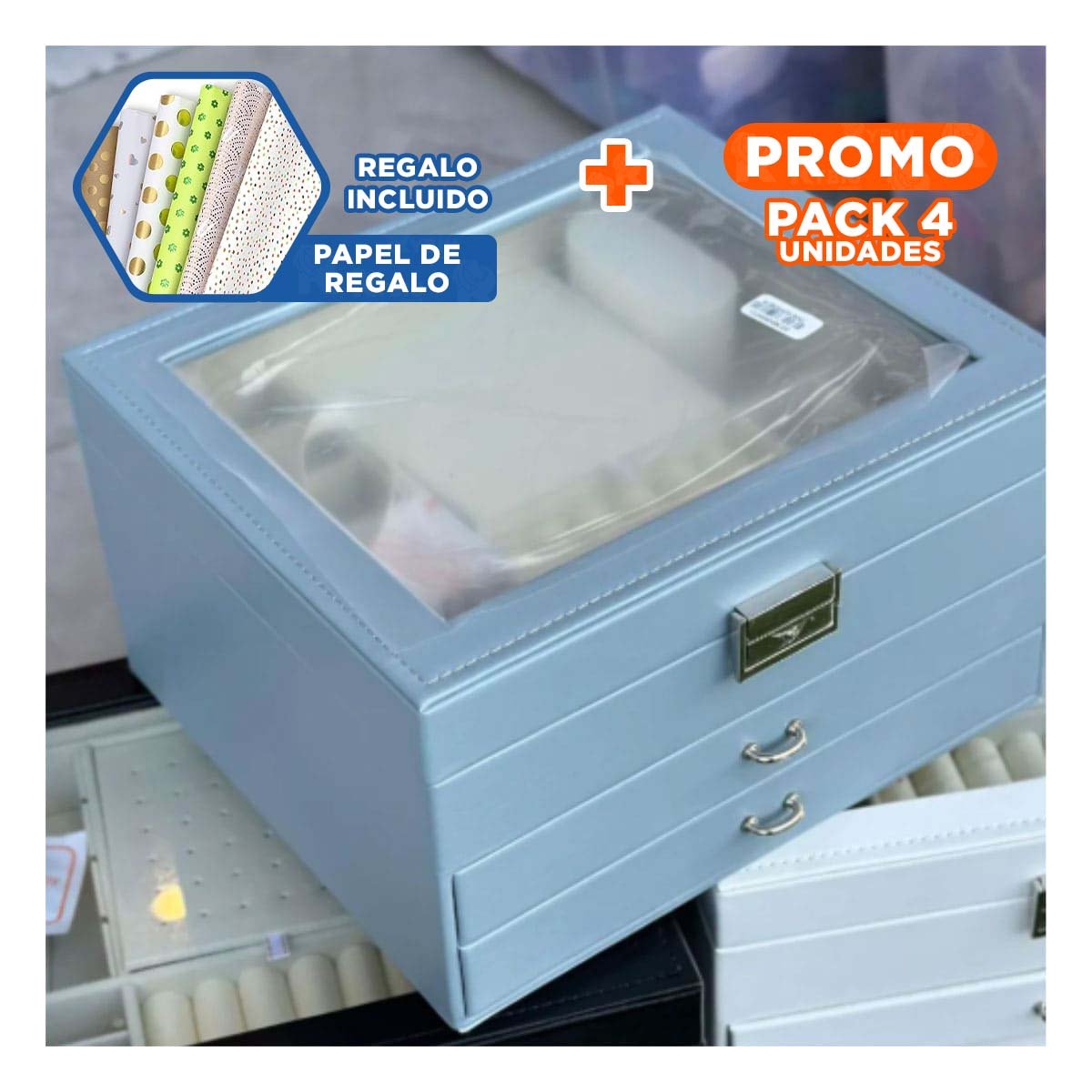 PACK4 CAJA ORGANIZADORA MANUAL CELESTE ACERO PARA JOYERO 3 NIVELES PRACTICA Y+PAPEL REGALO - 1
