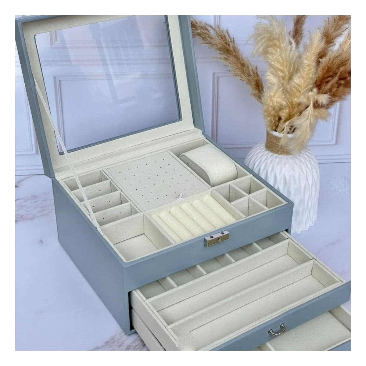 PACK4 CAJA ORGANIZADORA MANUAL CELESTE ACERO PARA JOYERO 3 NIVELES PRACTICA Y+PAPEL REGALO - 5