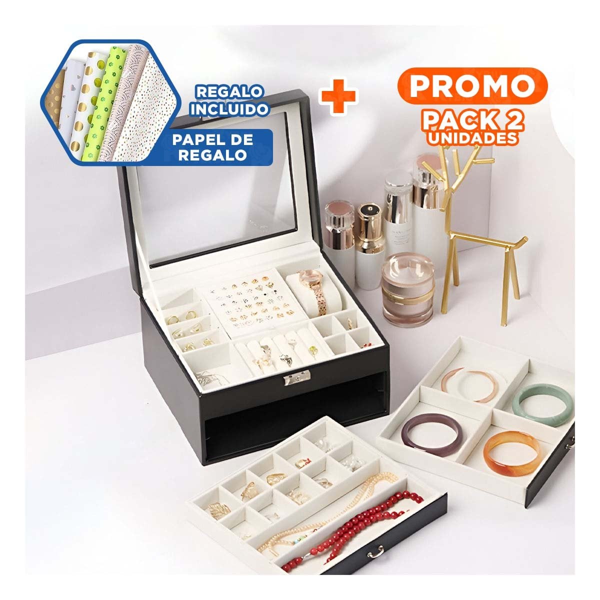 PACK2 CONTENEDOR PORTATIL NEGRO PARA JOYERO 3 NIVELES LIGERO Y PRACTICO Y+PAPEL REGALO - 1
