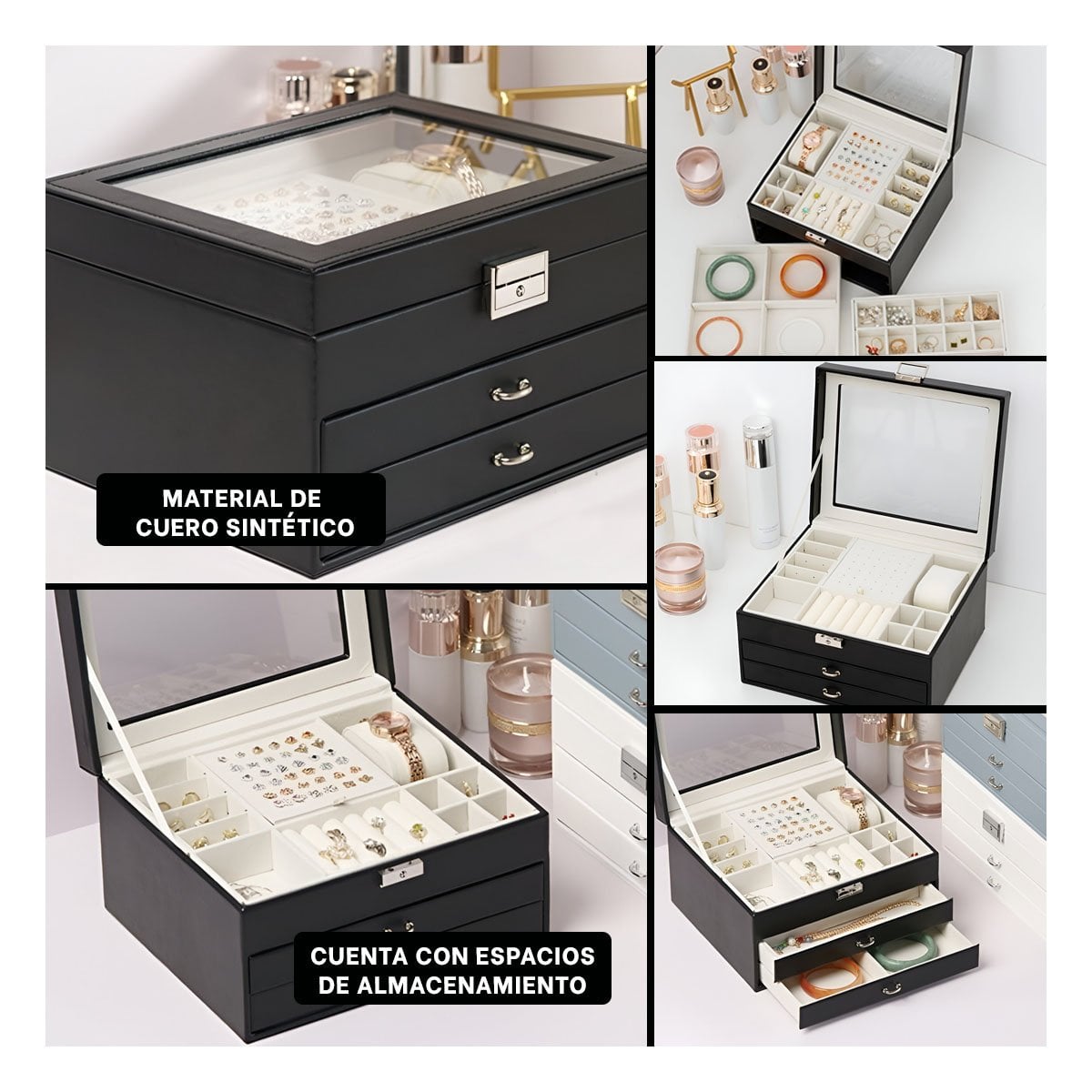 PACK2 CONTENEDOR PORTATIL NEGRO PARA JOYERO 3 NIVELES LIGERO Y PRACTICO Y+PAPEL REGALO - 3