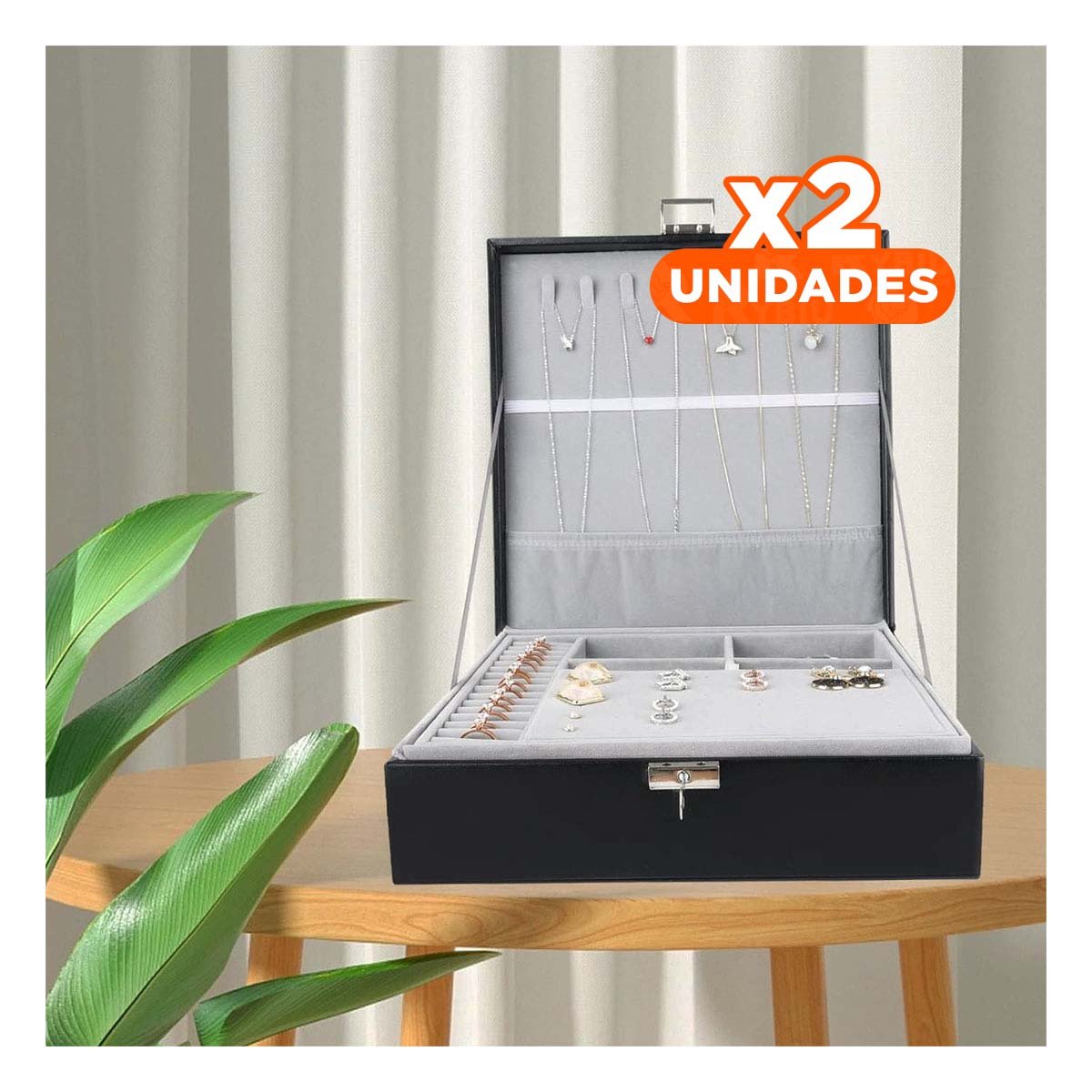 PACK2 CONTENEDOR COMPACTO NEGRO PARA JOYERO 2 NIVELES INTERIORES COMODO UTIL Y+REGALO STICKER - 1