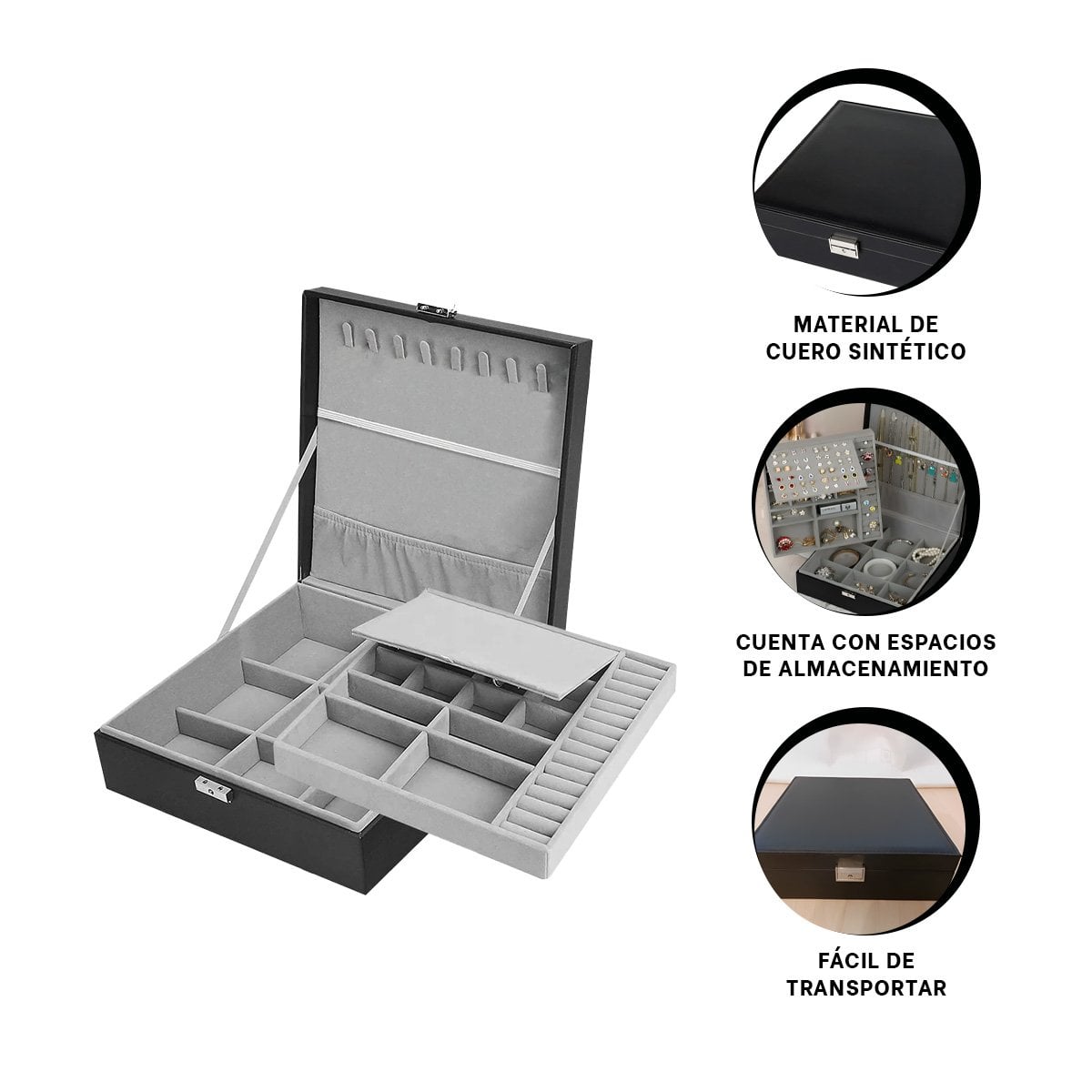 ORGANIZADOR NEGRO PARA JOYERO 2 NIVELES INTERIORES RESISTENTE Y PRACTICO PARA USO DIARIO - 3