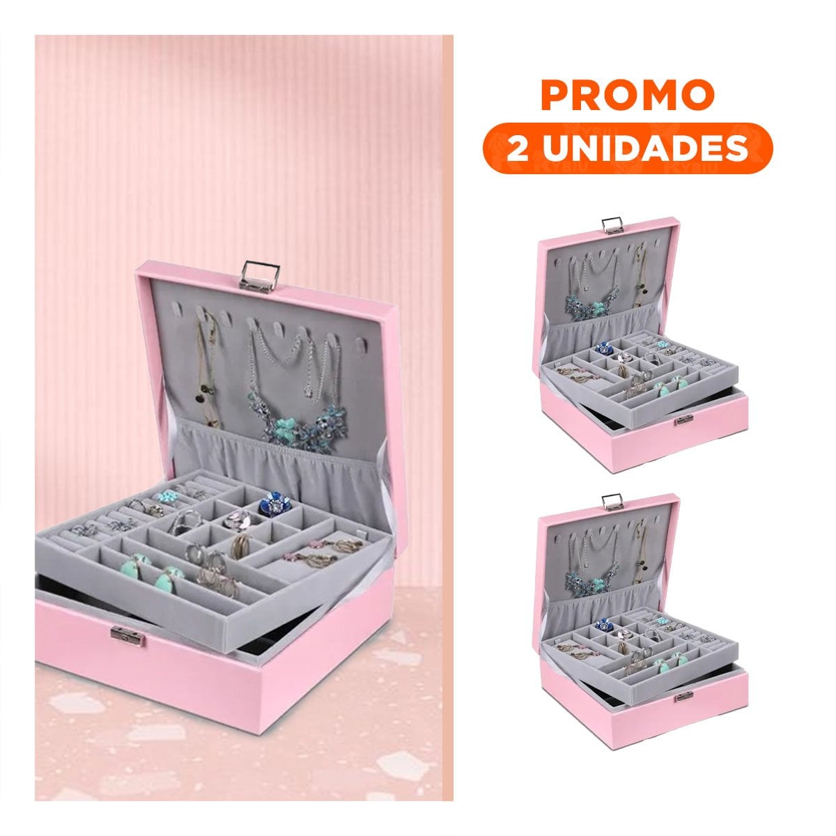 PACK2 CONTENEDOR ROSADO PARA JOYERO 2 NIVELES RESISTENTE PRACTICO DURABLE - 1