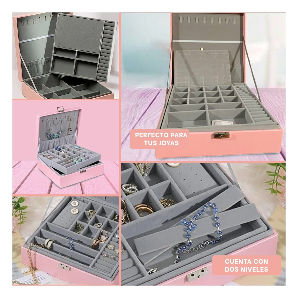 ORGANIZADOR PROFESIONAL ROSADO PARA JOYERO 2 NIVELES DURADERO SEGURO RESISTENTE Y+POST IT - 5