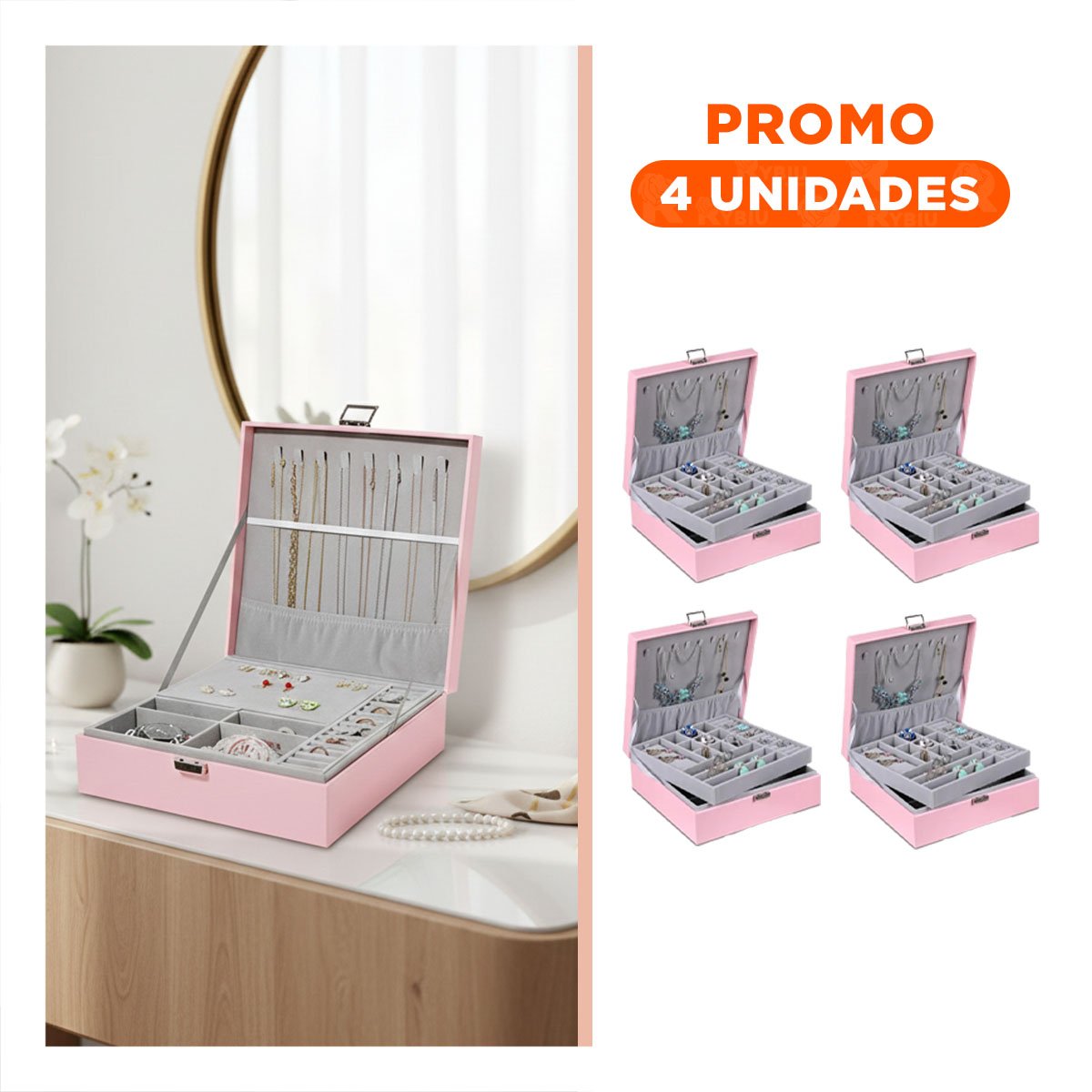 PACK4 CAJA ORGANIZADORA ROSADO PARA JOYERO 2 NIVELES RESISTENTE PRACTICA Y+REGALO STICKER - 1