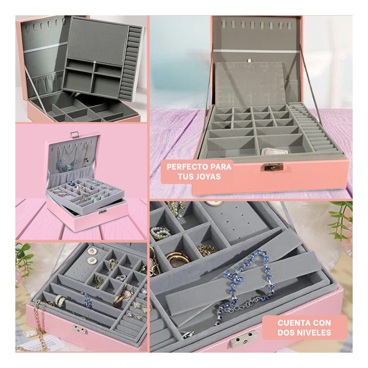 PACK4 CAJA ORGANIZADORA ROSADO PARA JOYERO 2 NIVELES RESISTENTE PRACTICA Y+REGALO STICKER - 2