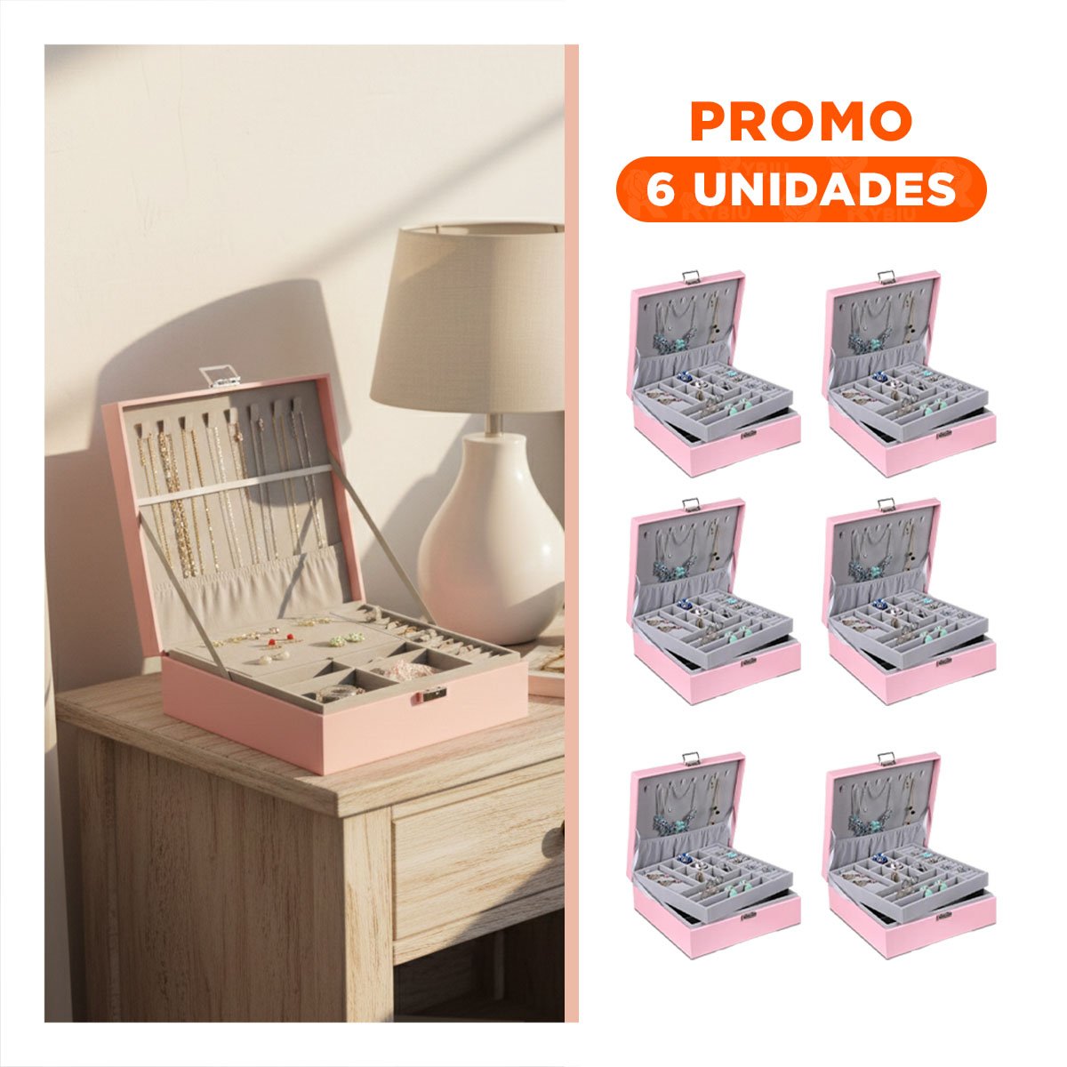 PACK6 CAJA ORGANIZADORA MANUAL ROSADO PARA JOYERO 2 NIVELES FACIL CONFIABLE UTIL - 1