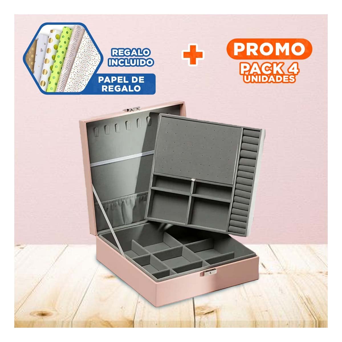 PACK4 CONTENEDOR PROFESIONAL ROSADO PARA JOYERO 2 NIVELES DURADERO SEGURO Y+PAPEL REGALO - 1