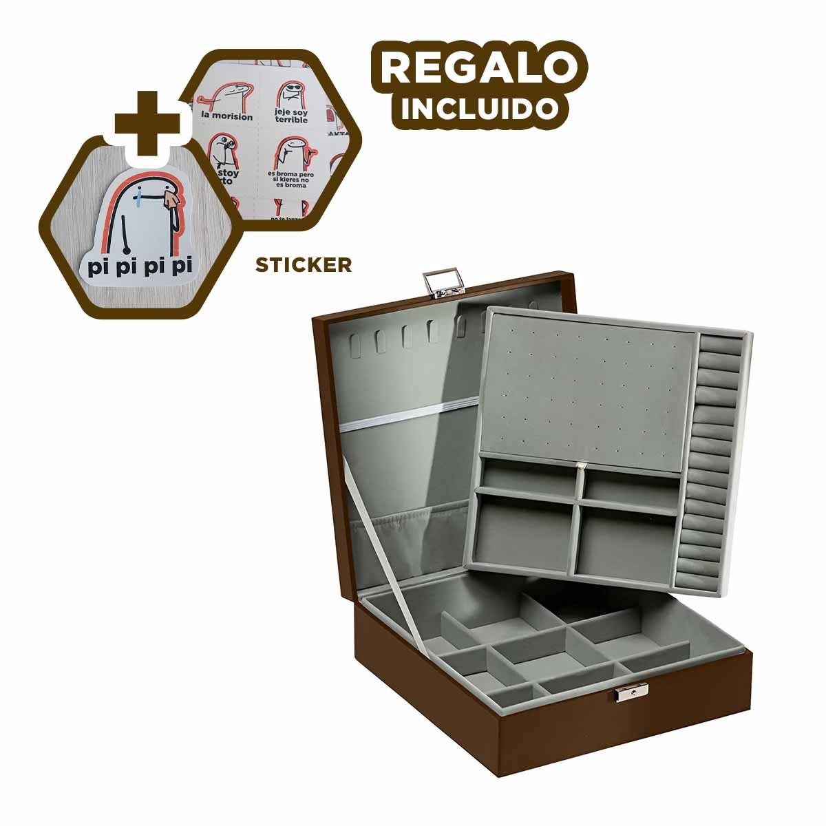 ORGANIZADOR COMPACTO MARRON PARA JOYERO 2 NIVELES COMODO UTIL LIGERO Y+REGALO STICKER - 1