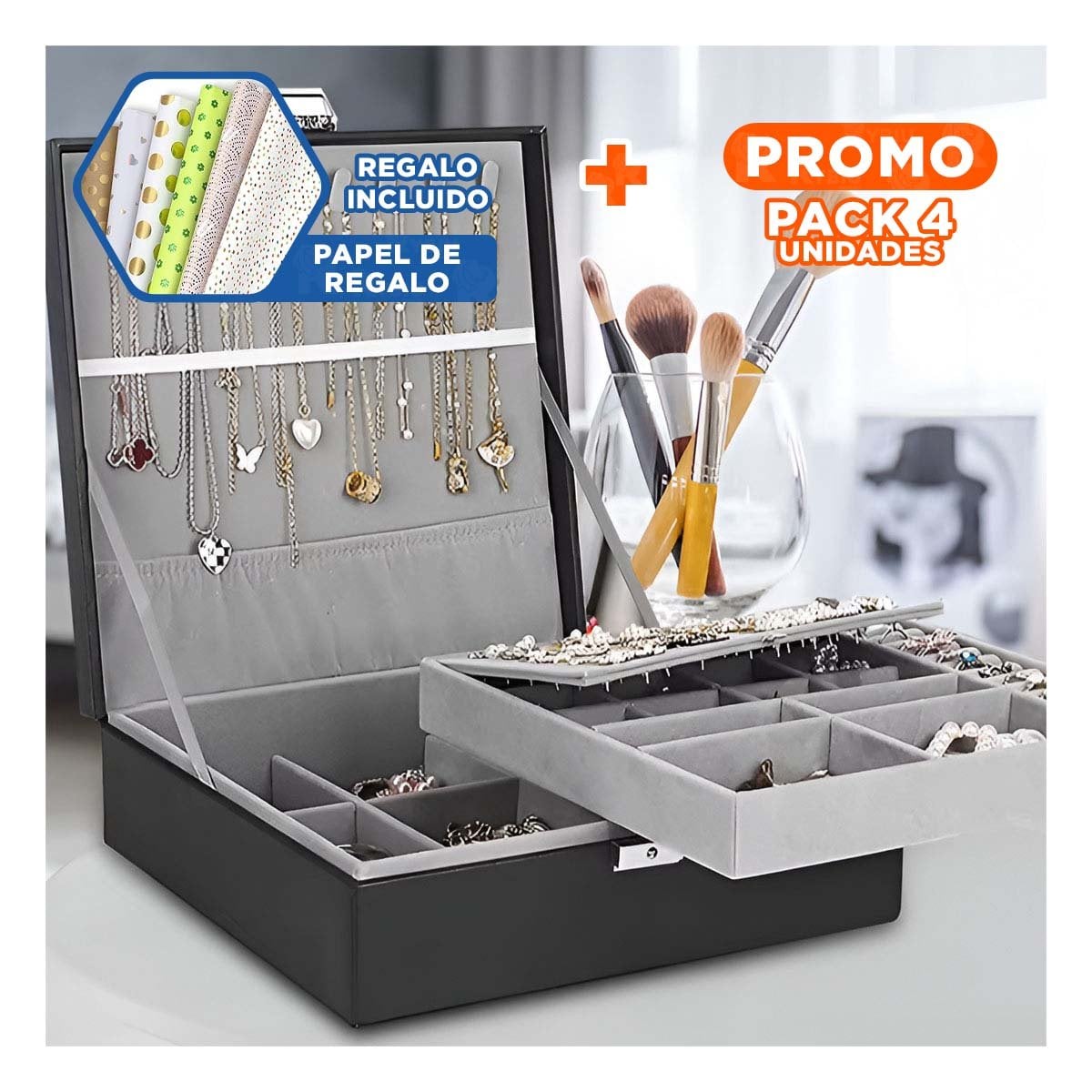 PACK4 CONTENEDOR PROFESIONAL NEGRO PARA JOYERO 2 NIVELES INTERIORES DURADERO Y+PAPEL REGALO - 1