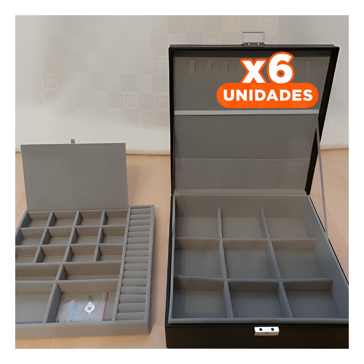 PACK6 CAJA ORGANIZADORA PORTATIL NEGRO PARA JOYERO 2 NIVELES INTERIORES LIGERA Y+REGALO STICKER - 1