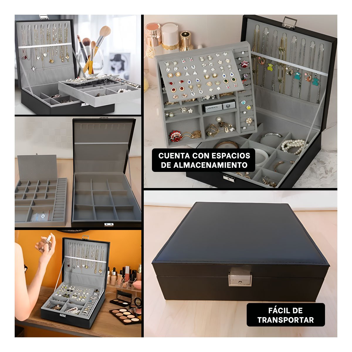 PACK4 CAJA ORGANIZADORA NEGRO PARA JOYERO 2 NIVELES INTERIORES RESISTENTE Y+REGALO STICKER - 2