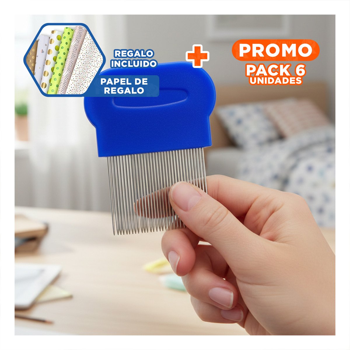 PACK6 PEINE COMPACTO AZUL PARA PIOJOS Y LIENDRES FACIL DE USAR Y+PAPEL REGALO - 1