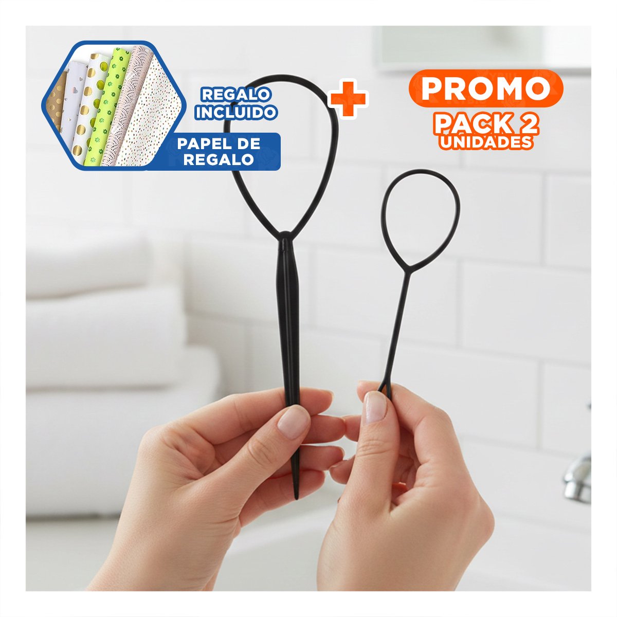 PACK2 HERRAMIENTA COMPACTA NEGRO PARA PEINAR EN 2 MEDIDAS FACIL DE USAR Y+PAPEL REGALO - 1