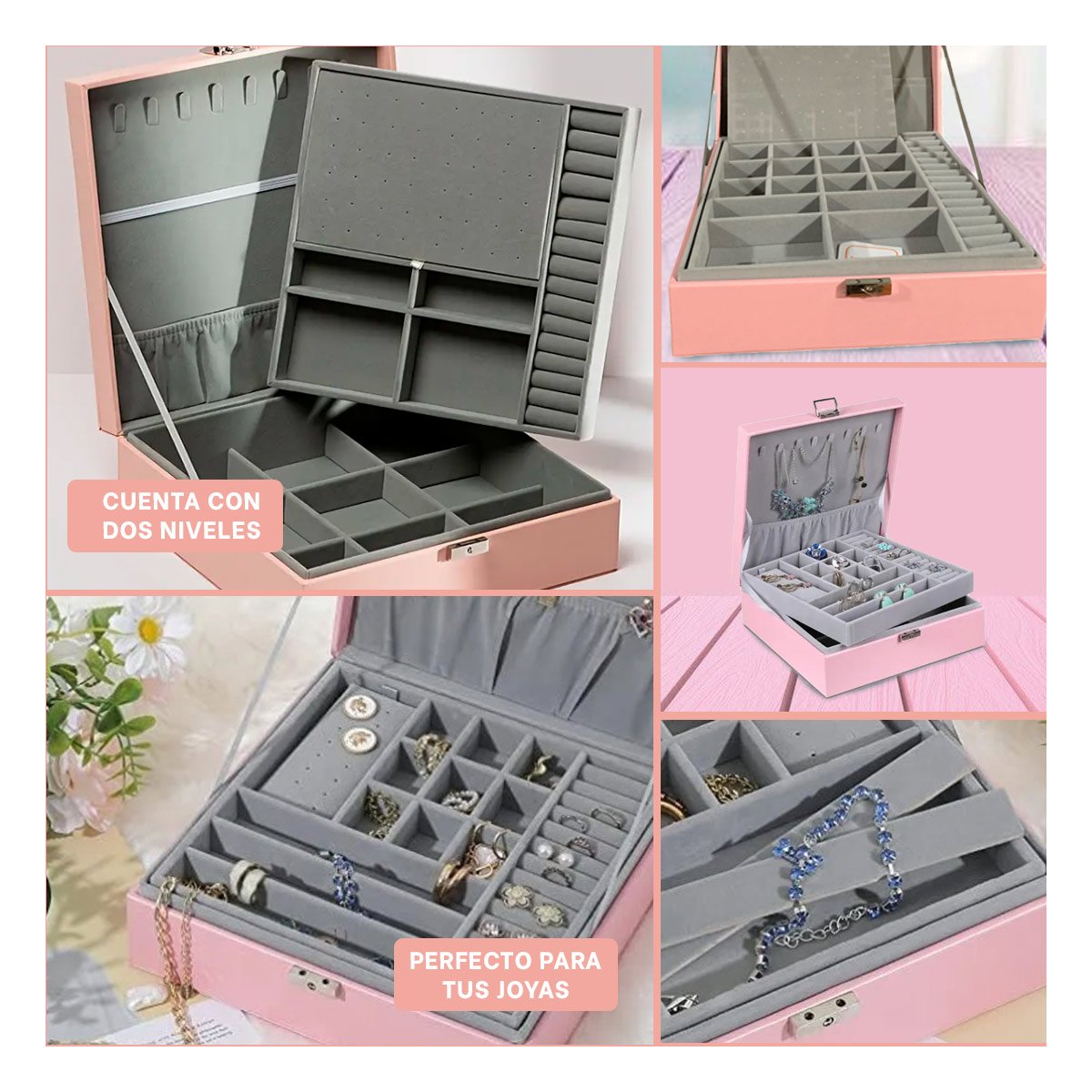 ORGANIZADOR PORTATIL ROSADO PARA JOYERO 2 NIVELES LIGERO PRACTICO DURABLE Y+LIGAS REGALO - 5