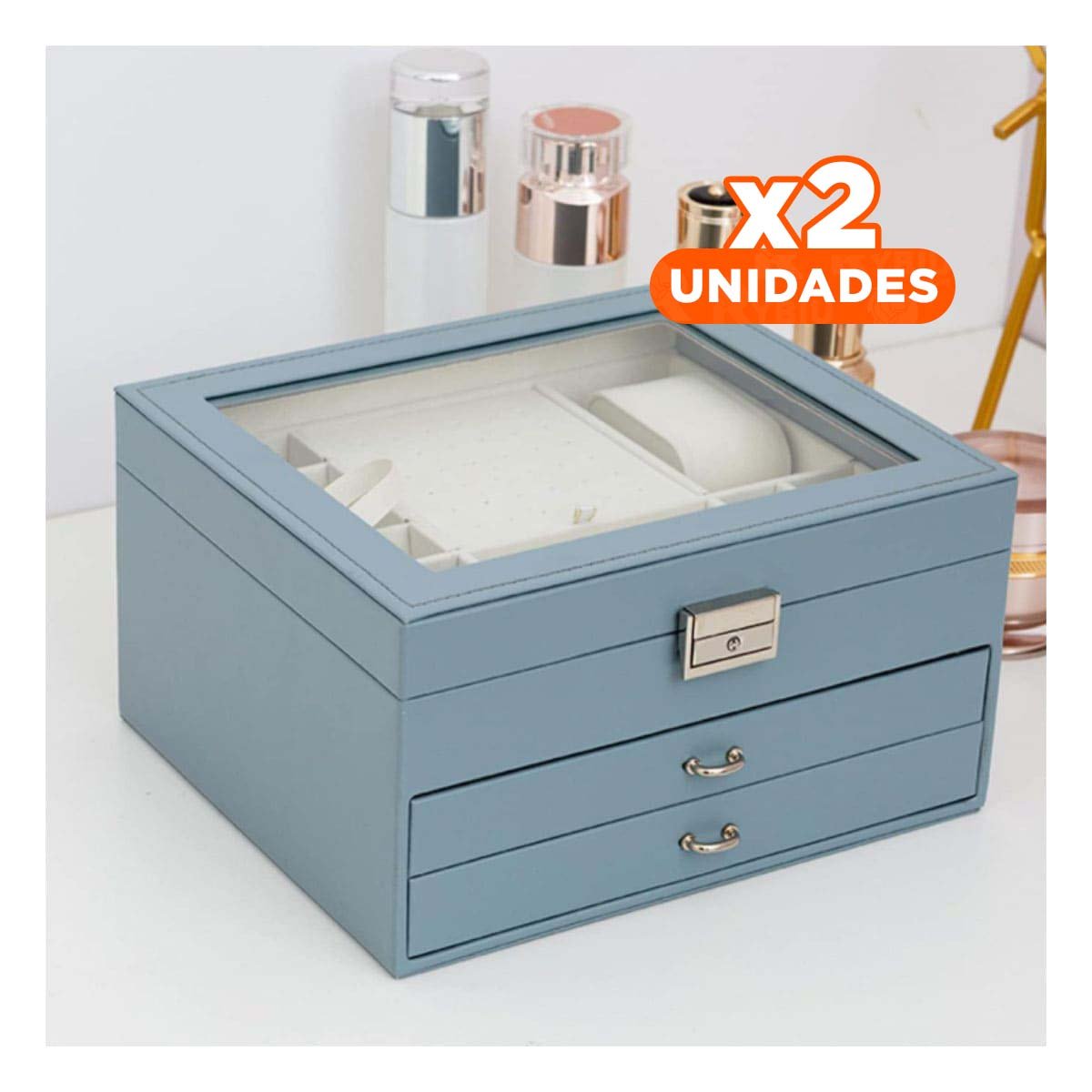 PACK2 CONTENEDOR PROFESIONAL CELESTE ACERO PARA JOYERO 3 NIVELES ALTA CALIDAD Y+REGALO STICKER - 1