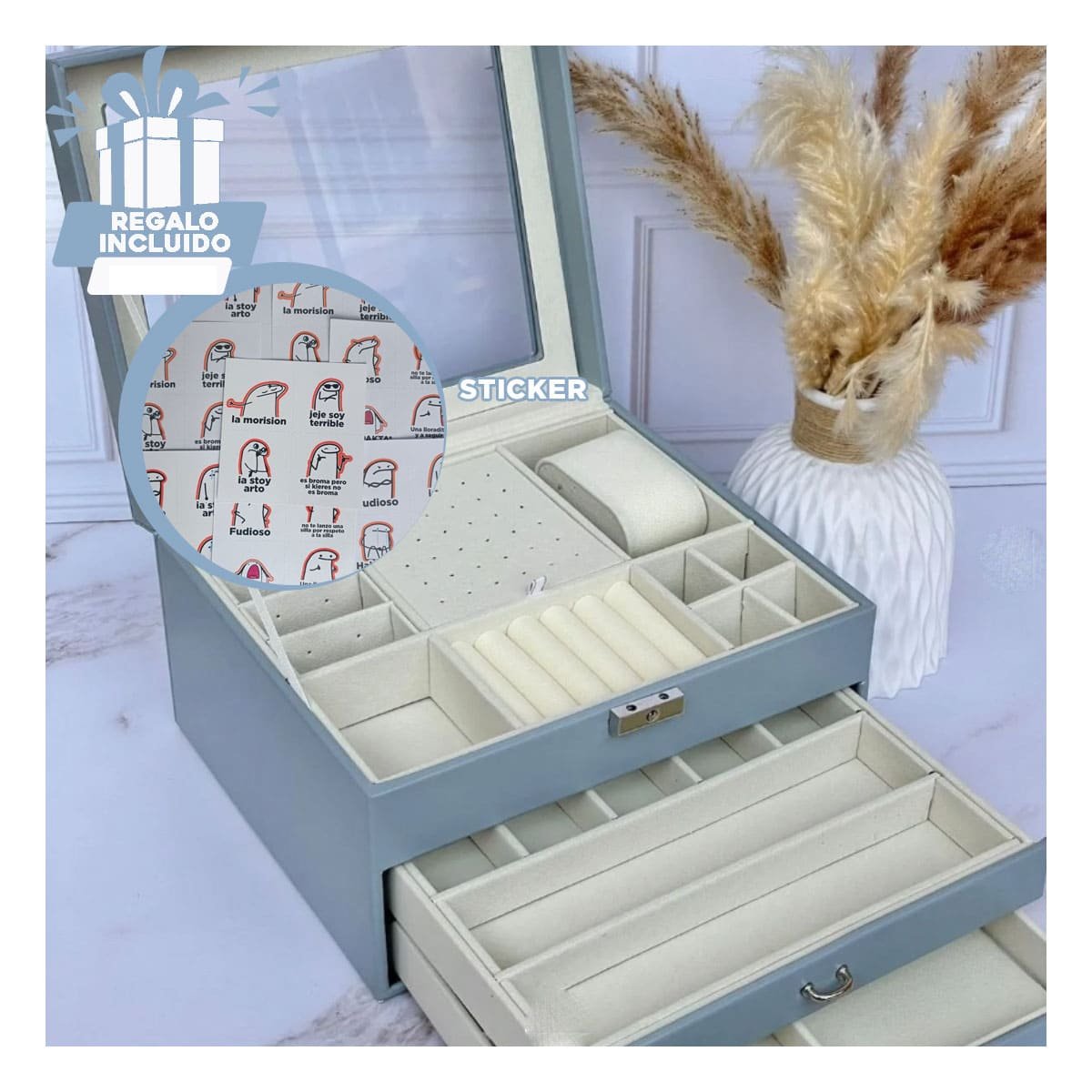ORGANIZADOR COMPACTO CELESTE ACERO PARA JOYERO 3 NIVELES FACIL DE USO DIARIO Y+REGALO STICKER - 1