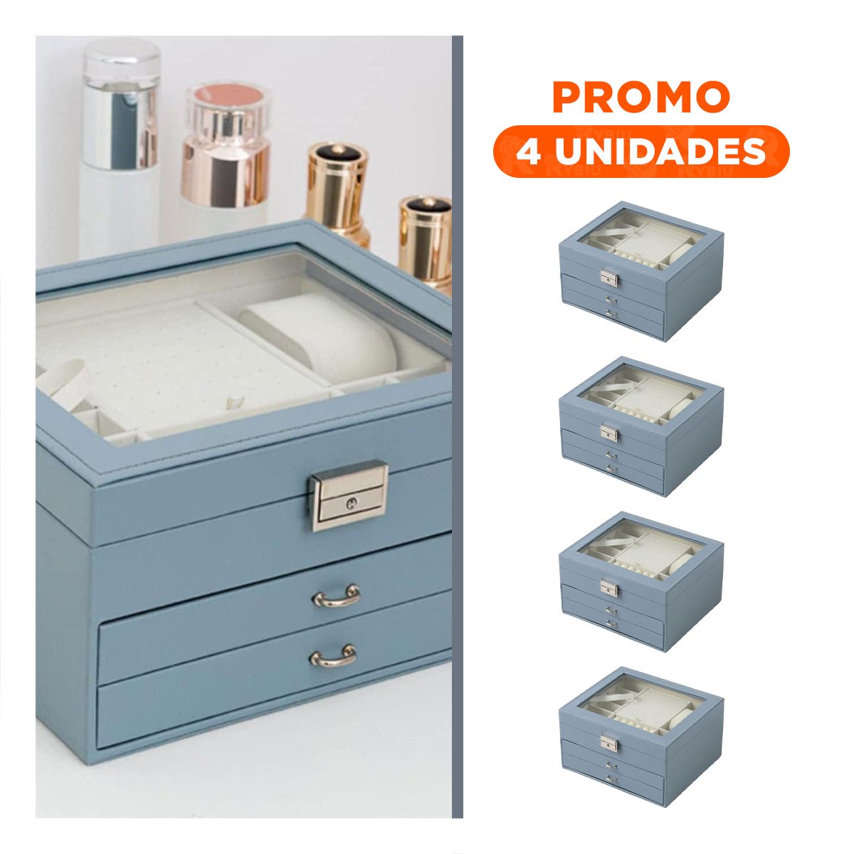 PACK4 CAJA ORGANIZADORA COMPACTA CELESTE ACERO PARA JOYERO 3 NIVELES Y+REGALO STICKER - 1