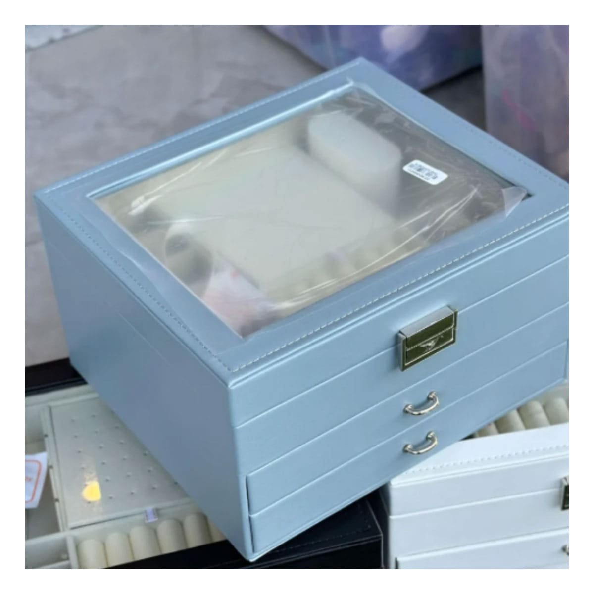 PACK4 CAJA ORGANIZADORA COMPACTA CELESTE ACERO PARA JOYERO 3 NIVELES Y+REGALO STICKER - 5
