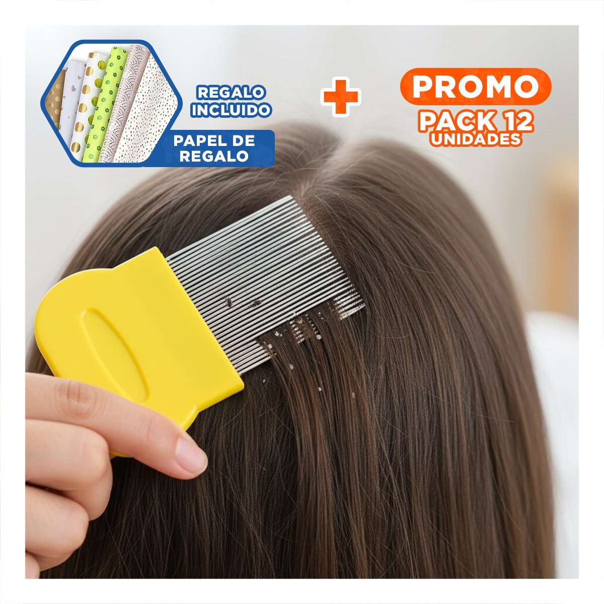 PACK12 PEINETA MANUAL AMARILLO PARA PIOJOS Y LIENDRES SEGURA EN CASA Y+PAPEL REGALO - 1