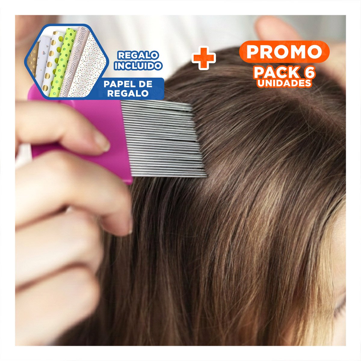 PACK6 PEINE COMPACTO FUCSIA PARA PIOJOS Y LIENDRES FACIL DE USAR Y+PAPEL REGALO - 1