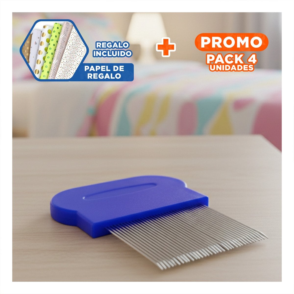PACK4 PEINE FINO AZUL PARA PIOJOS Y LIENDRES RESISTENTE EN CASA Y+PAPEL REGALO - 1