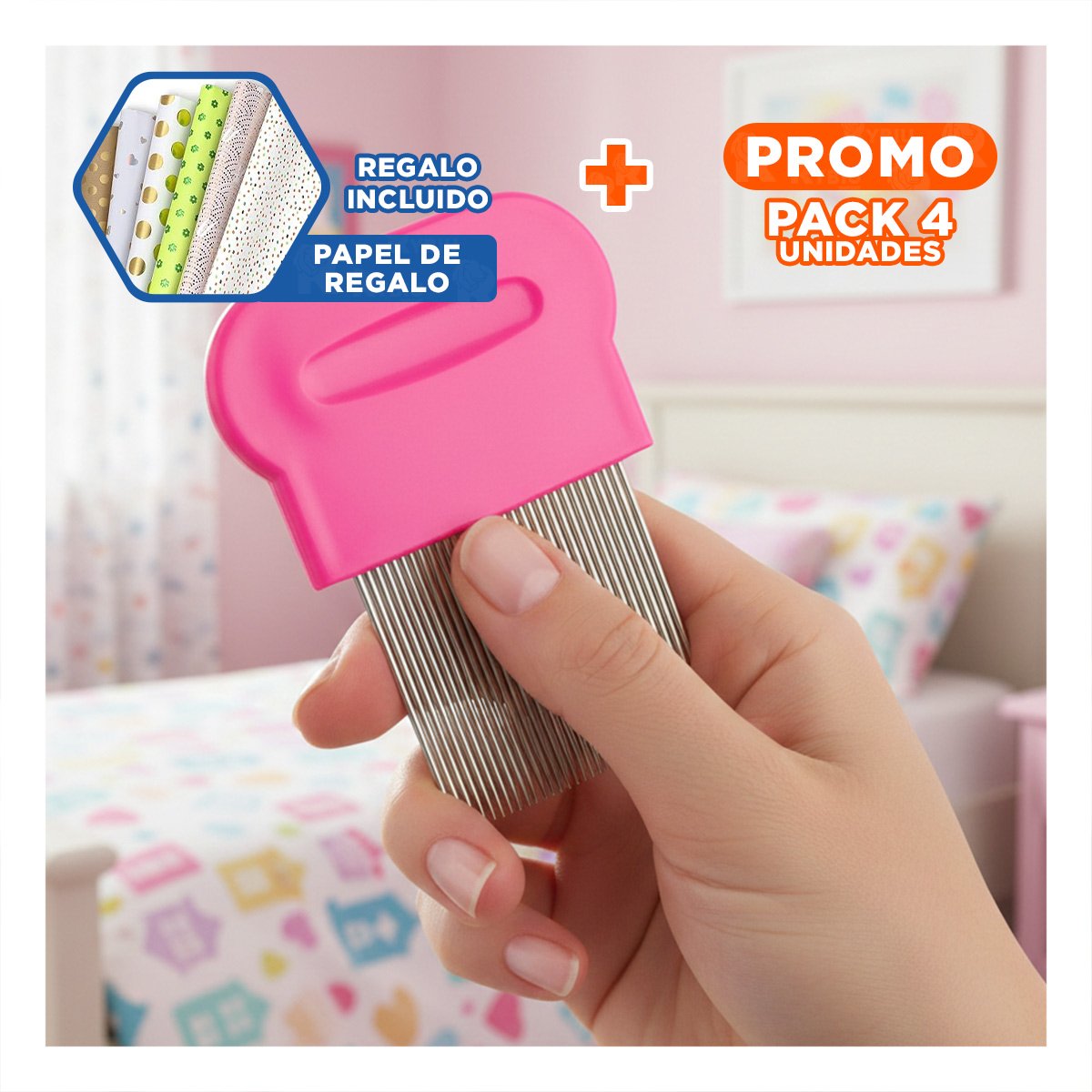 PACK4 PEINE FINO FUCSIA PARA PIOJOS Y LIENDRES RESISTENTE EN CASA Y+PAPEL REGALO - 1