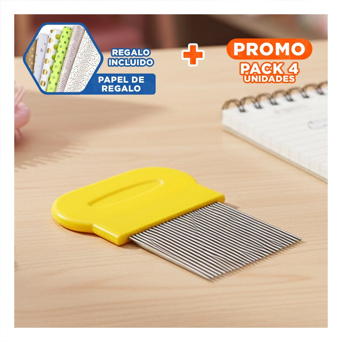 PACK4 PEINE FINO AMARILLO PARA PIOJOS Y LIENDRES RESISTENTE EN CASA Y+PAPEL REGALO - 1