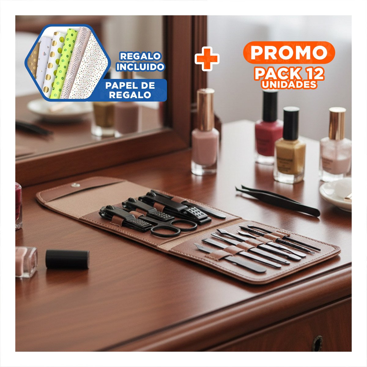 PACK12 BASE 12 PIEZAS MANICURE Y PEDICURE MARRON PEQUENA Y ELEGANTE Y+PAPEL REGALO - 1
