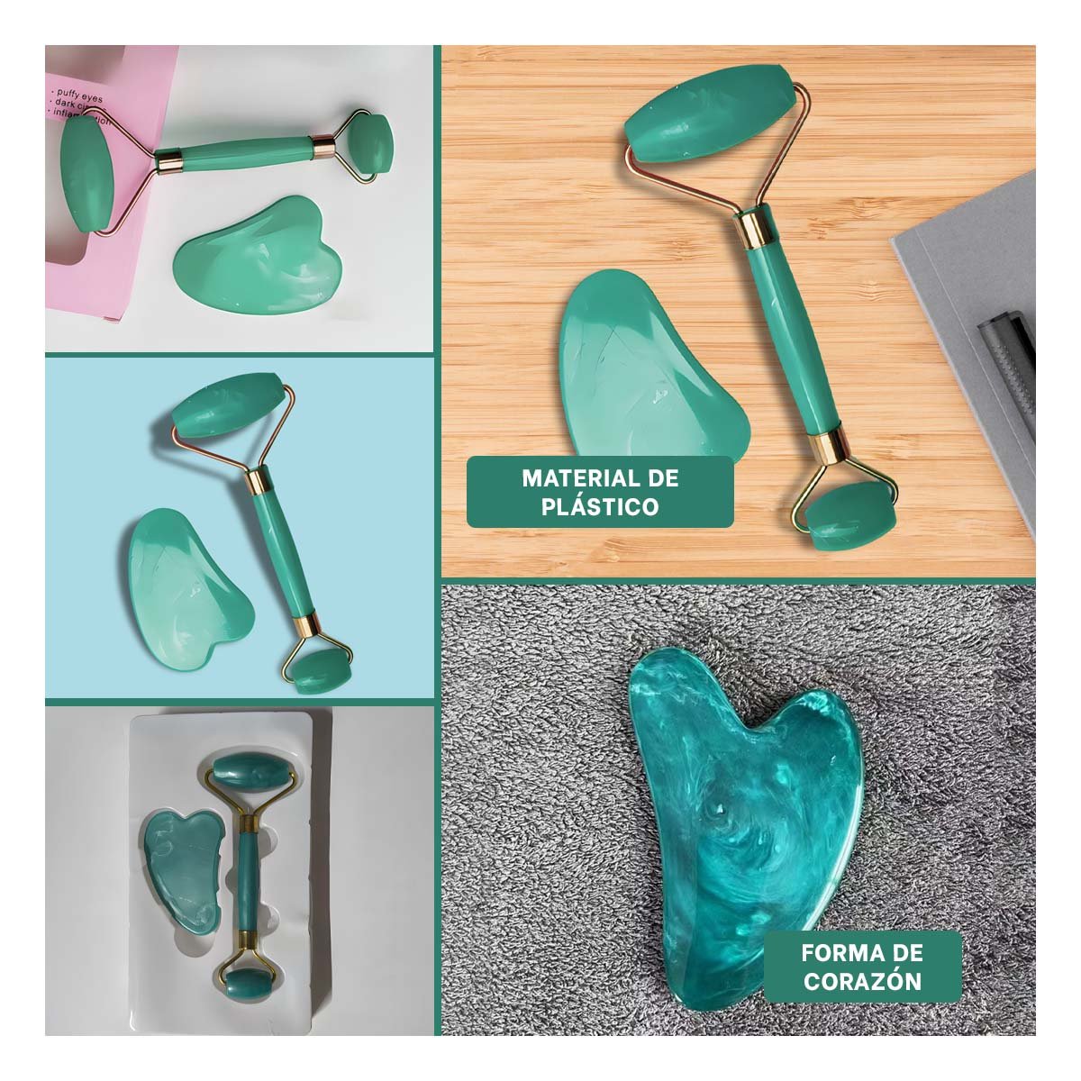 RODILLO FACIAL SET DE 2 VERDE AGUA DE PLASTICO QUE RELAJA MUSCULOS Y REDUCE TENSION Y+POST IT - 5