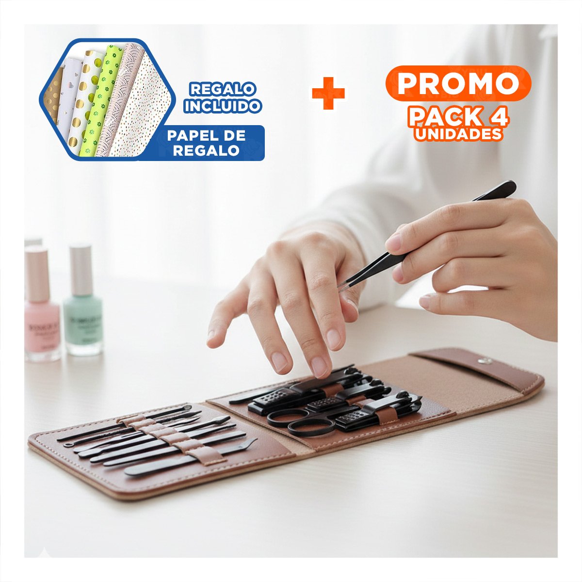 PACK4 KIT MODERNO 12 PIEZAS MANICURE Y PEDICURE MARRON RESISTENTE Y FUNCIONAL Y+PAPEL REGALO - 1