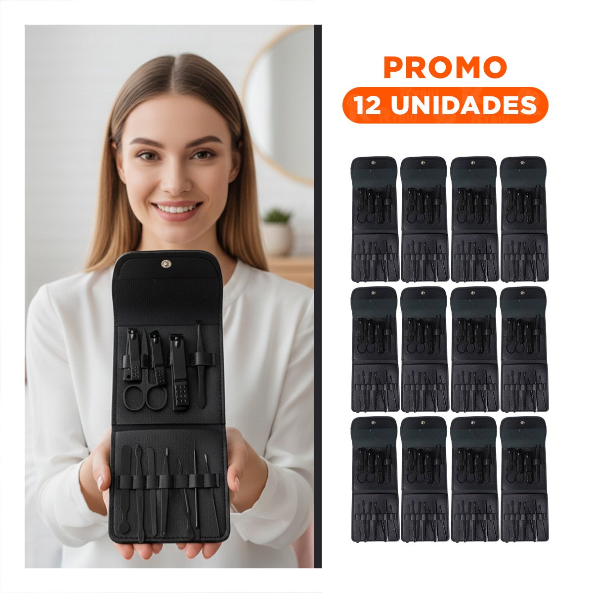 PACK12 ESTUCHE COMPACTO 12 PIEZAS MANICURE Y PEDICURE NEGRO MODERNO Y+REGALO STICKER - 1