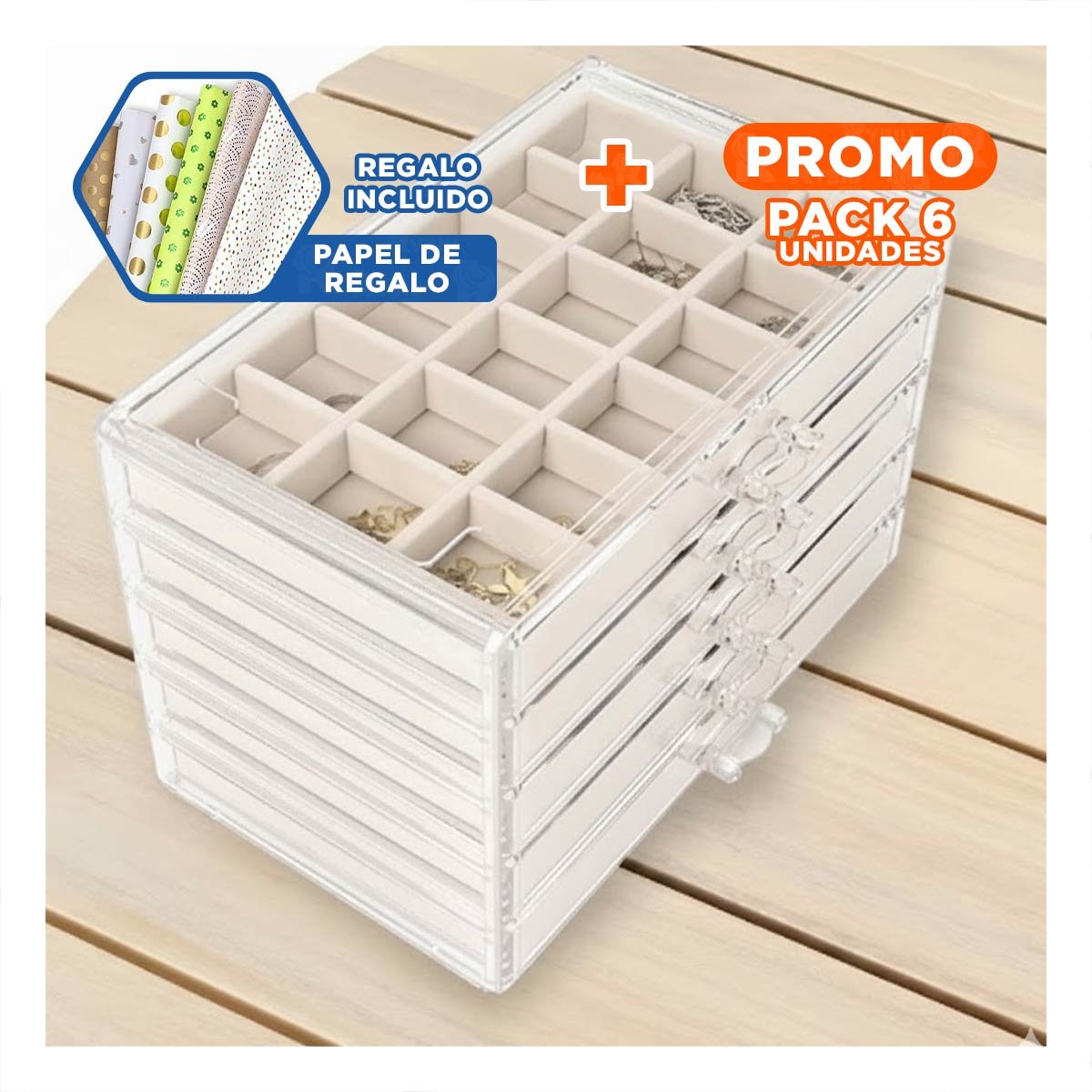 PACK6 BANDEJA 5 NIVELES BEIGE TERCIOPELO Y ACRILICO QUE PROTEGE JOYAS Y COLLARES Y+PAPEL REGALO - 1