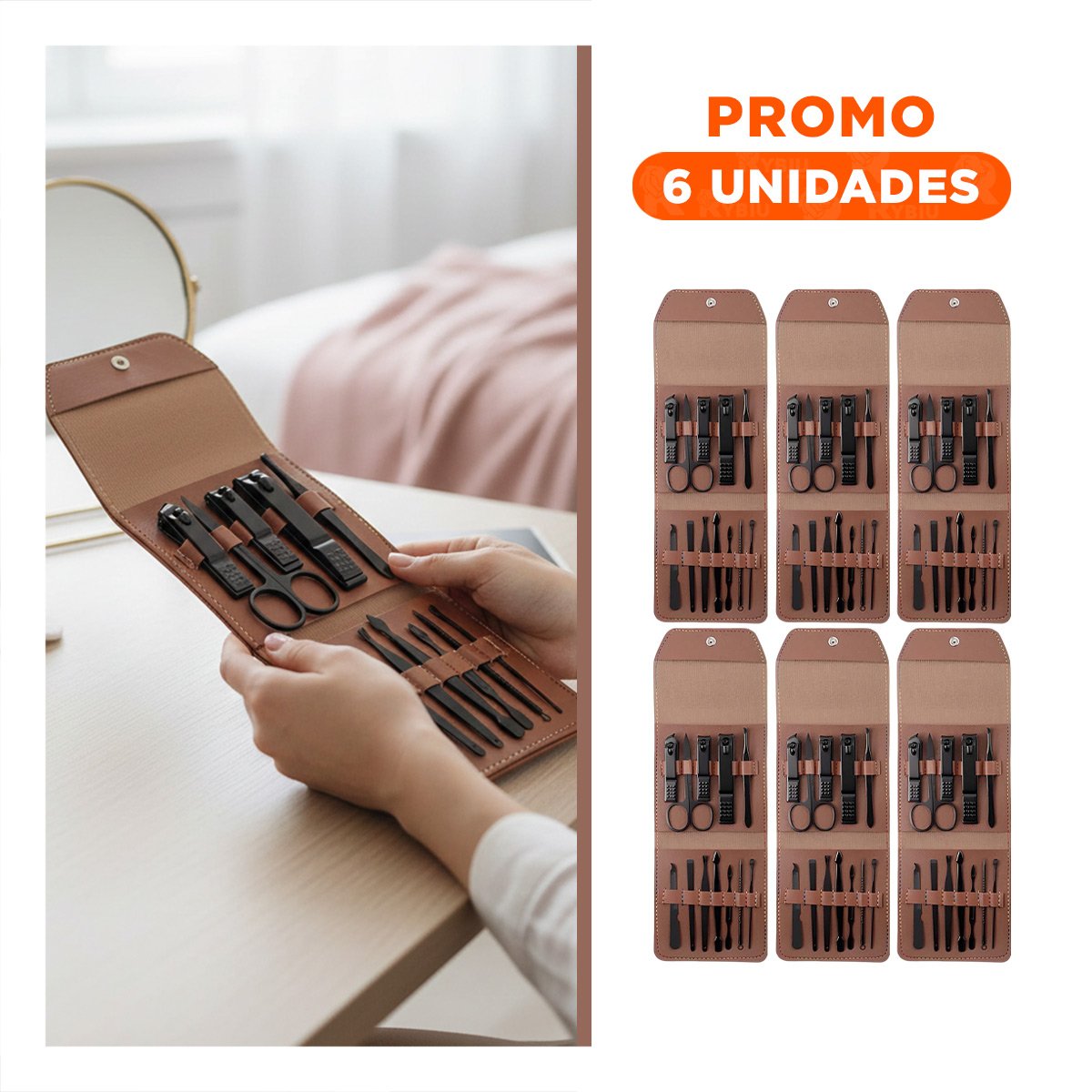 PACK6 KIT FUNCIONAL 12 PIEZAS MANICURE Y PEDICURE MARRON MODERNO Y ELEGANTE - 1