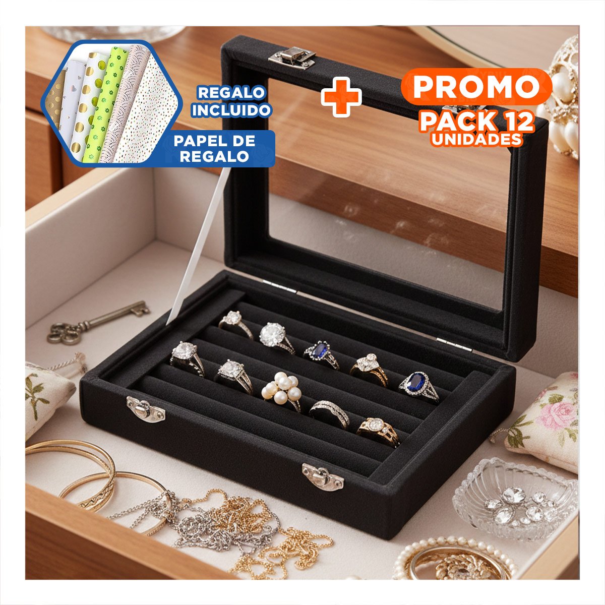 PACK12 DISPLAY MODERNO DE 7 RANURAS PARA ANILLOS NEGRO CON BASE REFORZADA Y+PAPEL REGALO - 1