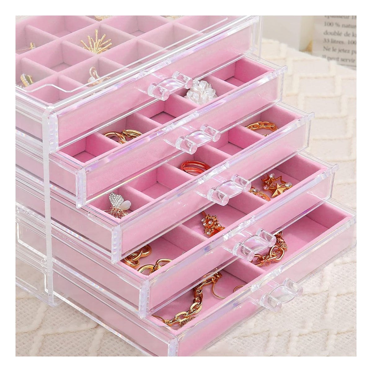 ORGANIZADOR 5 NIVELES TERCIOPELO Y ACRILICO ROSADO FACIL DE COLOCAR Y MANTENER Y+PAPEL REGALO - 3