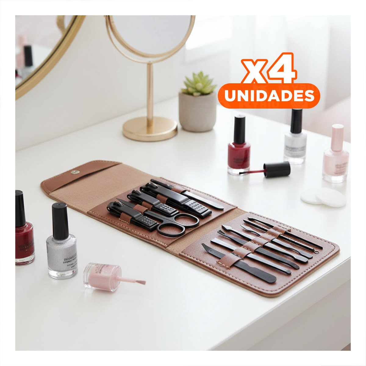 PACK4 KIT COMPACTO 12 PIEZAS MANICURE Y PEDICURE MARRON ELEGANTE Y PRACTICO PARA PINZAS - 1
