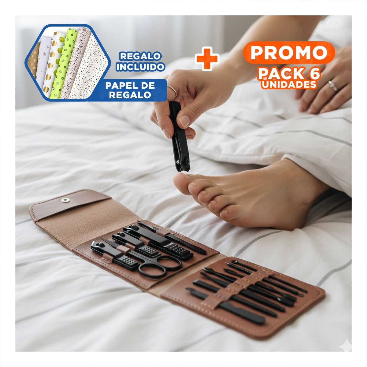 PACK6 BASE 12 PIEZAS MANICURE Y PEDICURE MARRON ELEGANTE Y PRACTICA PARA PINZAS Y+PAPEL REGALO - 1