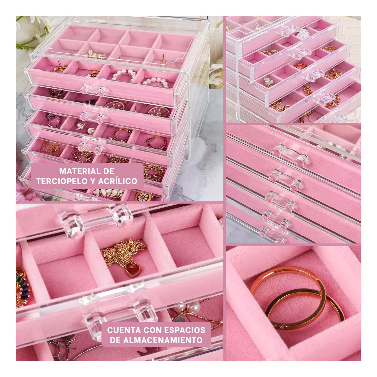 ORGANIZADOR 5 NIVELES ROSADO DE TERCIOPELO Y ACRILICO PARA GUARDAR JOYERIA SEGURA Y+POST IT - 1