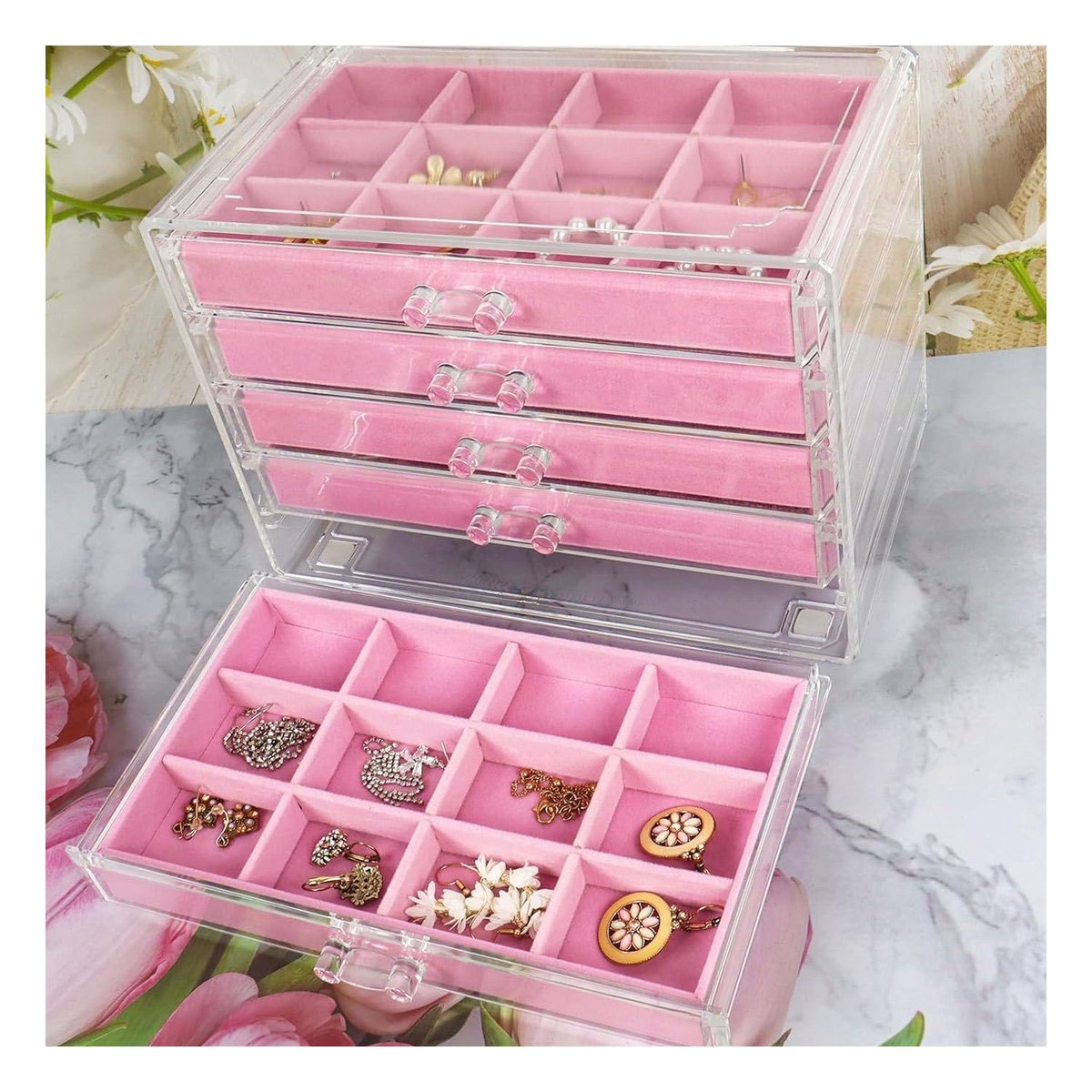 ORGANIZADOR 5 NIVELES ROSADO DE TERCIOPELO Y ACRILICO PARA GUARDAR JOYERIA SEGURA Y+POST IT - 2