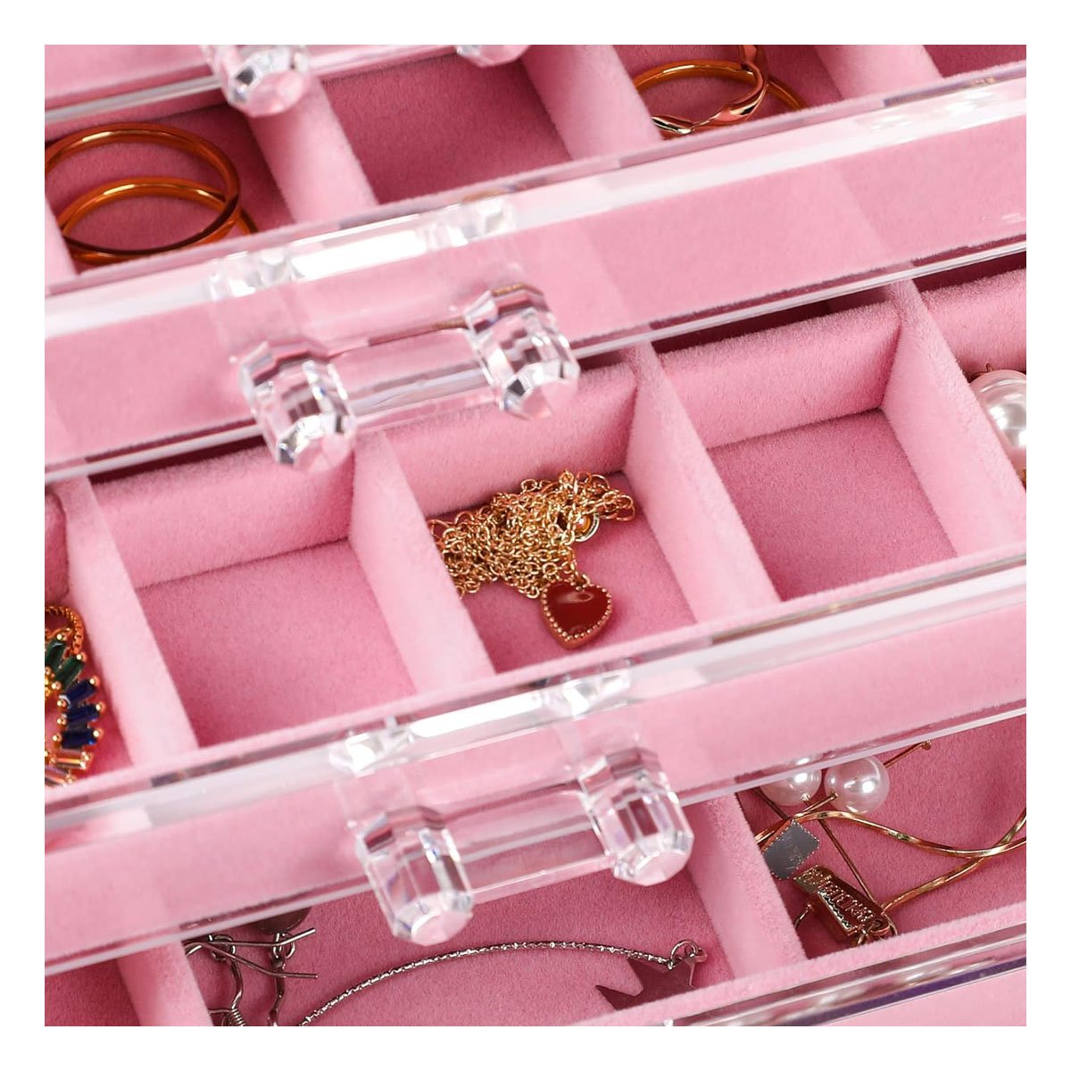 ORGANIZADOR 5 NIVELES ROSADO DE TERCIOPELO Y ACRILICO PARA GUARDAR JOYERIA SEGURA Y+POST IT - 3