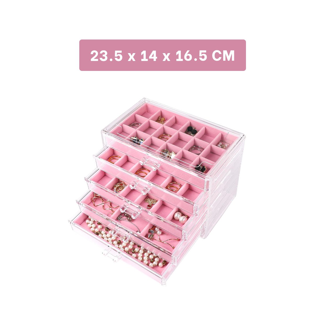 ORGANIZADOR 5 NIVELES ROSADO DE TERCIOPELO Y ACRILICO PARA GUARDAR JOYERIA SEGURA Y+POST IT - 4