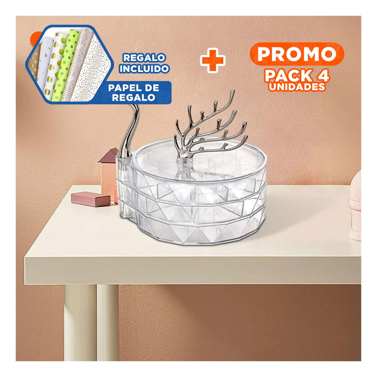 PACK4 CAJON ACRILICO 3 NIVELES TRANSPARENTE FUNCIONAL Y DECORATIVO Y+PAPEL REGALO - 1