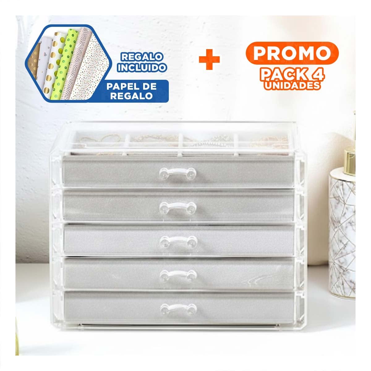 PACK4 EXHIBIDOR 5 NIVELES BEIGE TERCIOPELO Y ACRILICO SUAVE Y SEGURO Y+PAPEL REGALO - 1