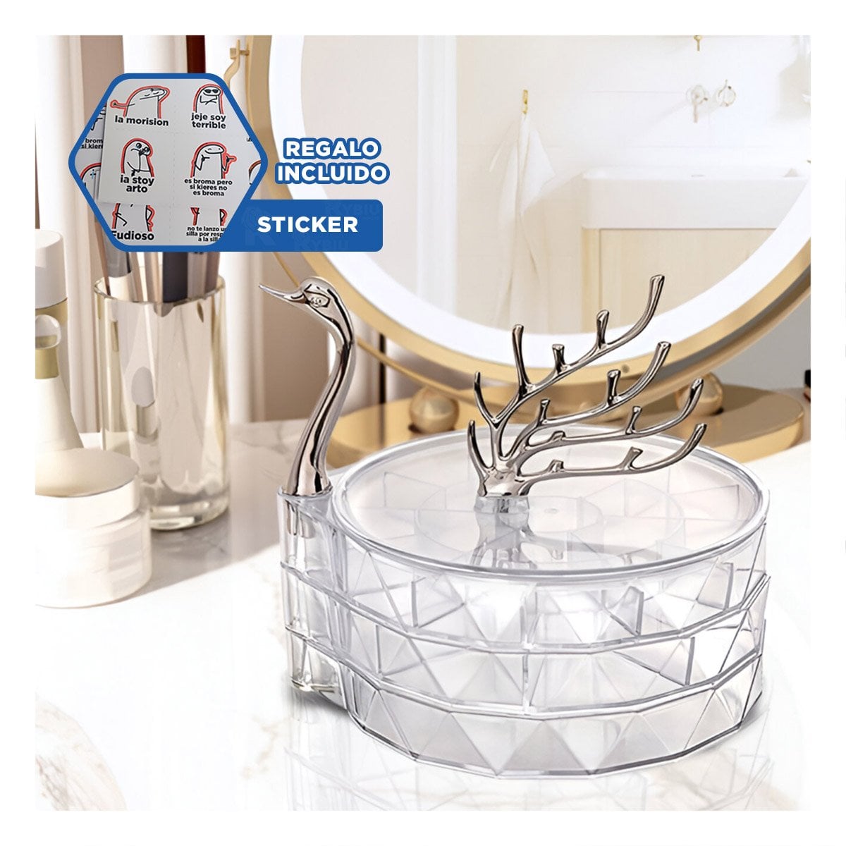 CAJA ACRILICO 3 NIVELES TRANSPARENTE COMPACTO PARA MESAS PEQUEÑAS O TOCADORES Y+REGALO STICKER - 1