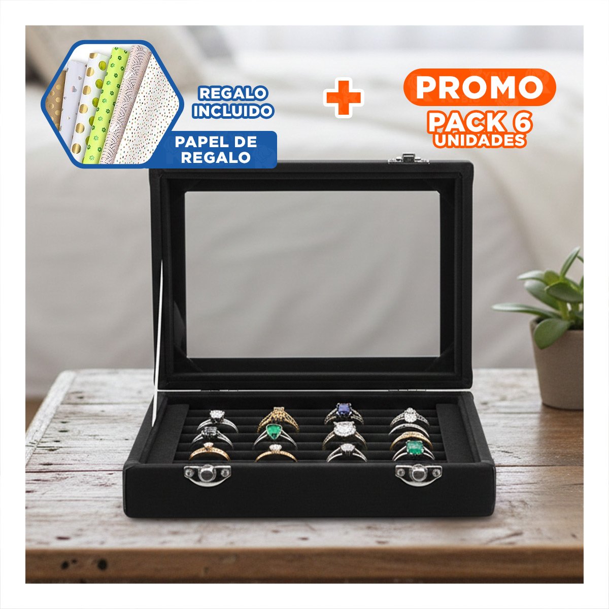 PACK6 BANDEJA FUNCIONAL DE 7 RANURAS PARA ANILLOS NEGRO CON TAPA DESLIZANTE Y+PAPEL REGALO - 1
