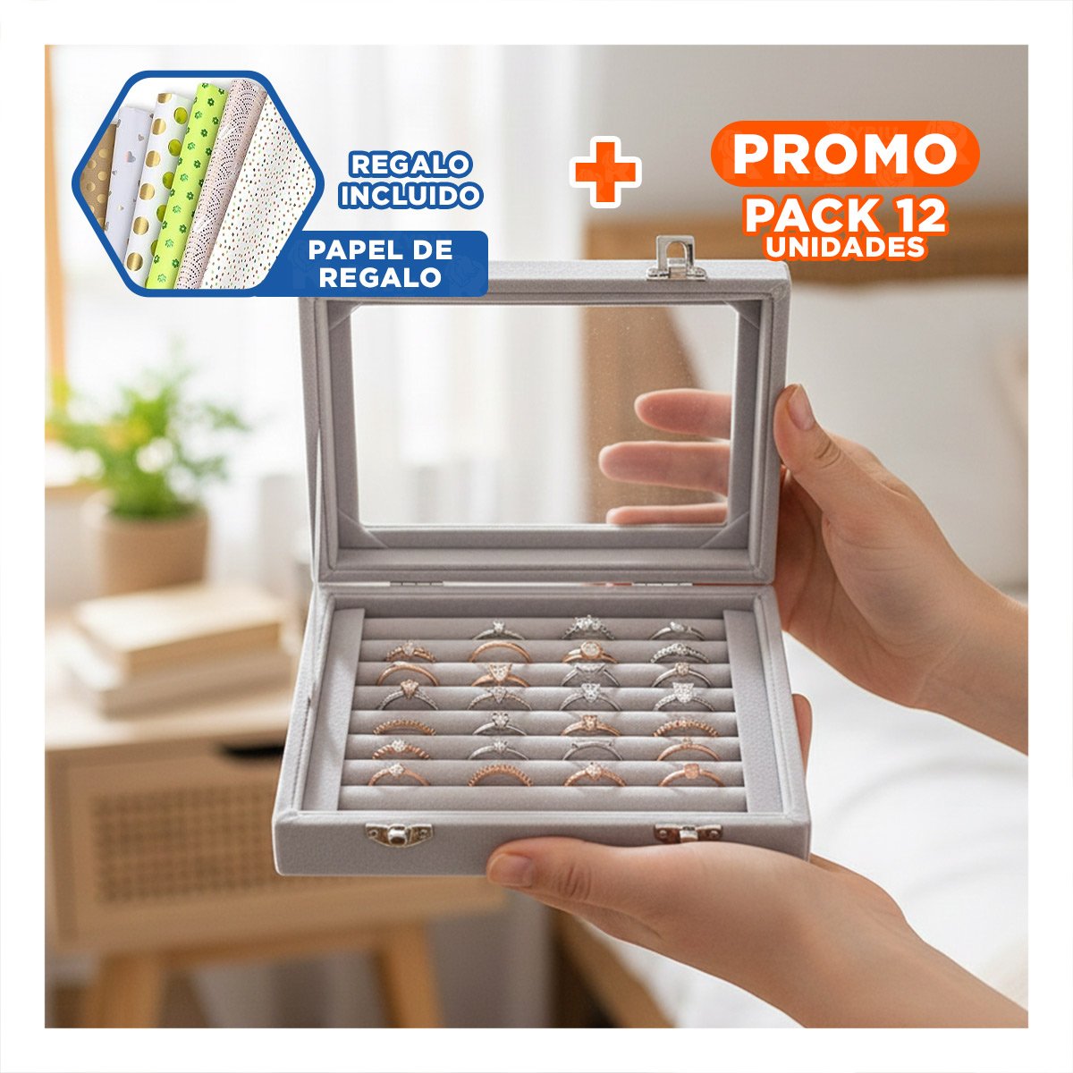 PACK12 DISPLAY MODERNO DE 7 RANURAS PARA ANILLOS PLOMO CON BASE REFORZADA Y+PAPEL REGALO - 1